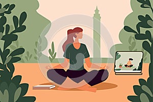 A girl in the garden on the background of the tower is engaged in online yoga, flat design, lotus pose