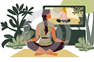 A girl in the garden on the background of the tower is engaged in online yoga, flat design, lotus pose