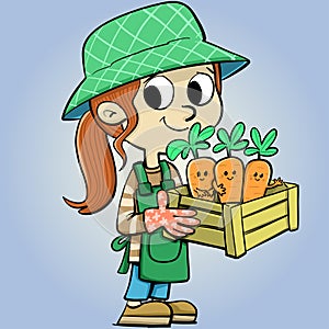 girl in the garden holds a crate with carrots