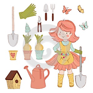 GIRL GARDEN Spring Care Accessories Vector Illustration Set