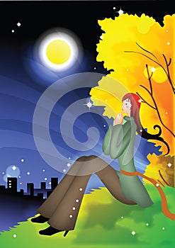 girl in garden watching moon. Vector illustration decorative design