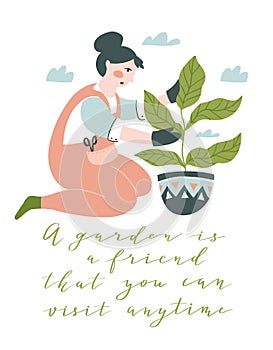 Girl gardening plant. Young Woman working in garden or farm. Vector Illustration with lettering