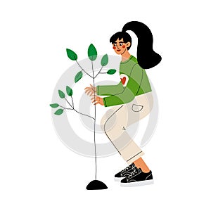 Girl Gardening and Planting Seedling of Tree, Volunteer Working in Garden or Farm, Volunteering, Ecological Lifestyle