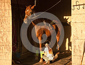 Girl getting her horse saddled and ready to ride