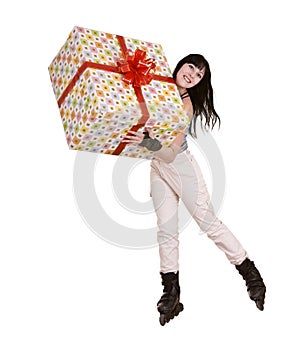Girl with gift box go skating.