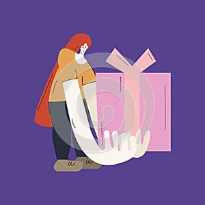 girl with a gift in a flat style with lines and disproportionate hands, design illustration for the holidays, website, advertising