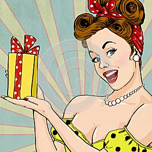 Girl with the gift in vintage style. Pin up girl. Party invitation. Birthday greeting card.