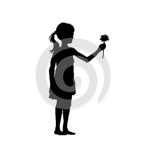 Girl gives flower. Black silhouette of child in dress. Cute kid giving gift for mom. Childhood scene