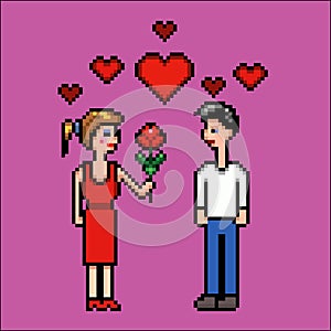 Girl gives flower to a boy, valentines day, pixel art vector illustration