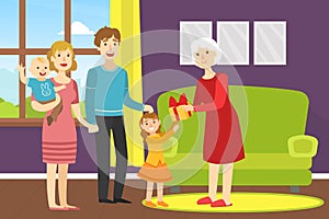 Girl Giving Holiday Present to Happy Grandmother, Relatives Congratulating Grandma with Birthday Party Event Cartoon