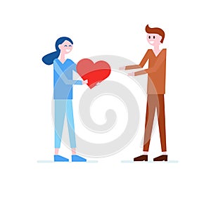 Girl giving red heart to boy. Love, romantic flat vector