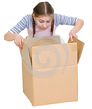 Girl glance at cardboard box photo