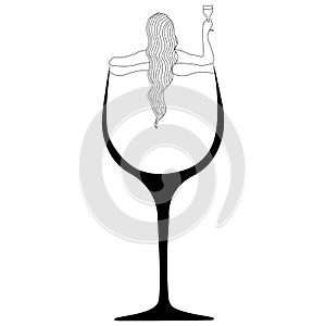 Girl with a glass of wine in a glass of wine in the style of minimalism. The design is suitable for anti-alcoholism, banner, decor