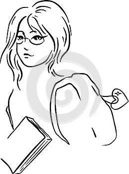 girl, glasses, book, briefcase, hand draw vector illustration art