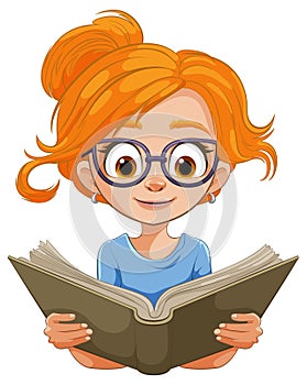 A girl with glasses engrossed in reading a book