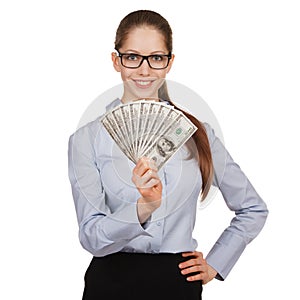 Girl in glasses with a fan of dollars