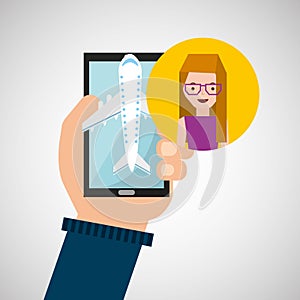 Girl glasses hand holds mobile application travel airport