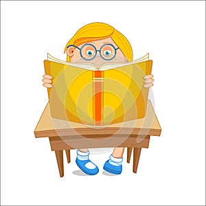 Girl with glasses, reading open book, sitting at the table, vector illustration