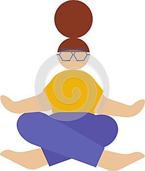 Girl with glasses sitting.Yoga pose. Meditation. Colorful flat vector illustration.