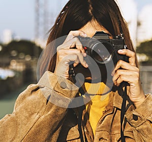 Girl with Glasses Taking Photos Camera