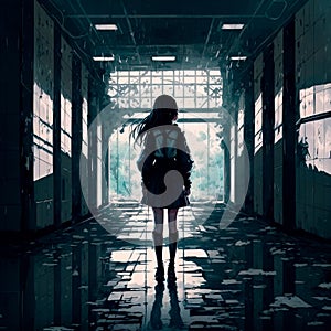 A girl in a gloomy corridor