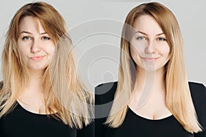 Girl with glossy and messy unbrushed hair in after shampoon.