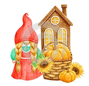 Girl gnome with pumpkin and sunflowers in basket on background of country house. Thanksgiving or Harvest Day card design.