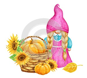 Girl Gnome with pumpkin and sunflowers in basket. Thanksgiving or Harvest Day card design. Watercolor drawing