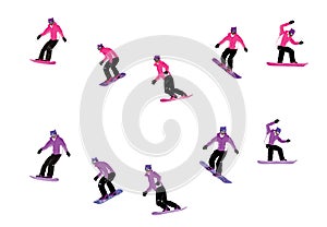 Girl goes snowboarding in different phases of movement. Illustration isolated on white background