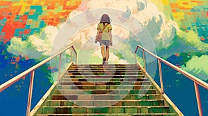 the girl goes up the stairs to the sky