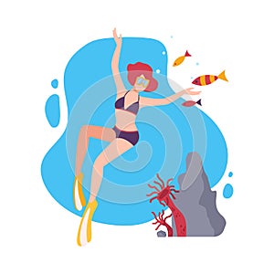 Girl in Goggles and Flippers Swimming Under the Water with Corals and Small Fishes, Extreme Hobby or Sport Flat Vector