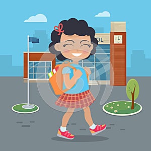 Girl Going in for School with Rucksack