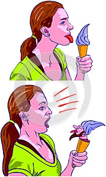 A girl is going to lick an ice cream but a dwarf is hidden in the ice cream!