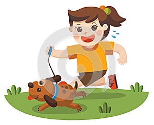 A Girl going to take the dog for a walk.