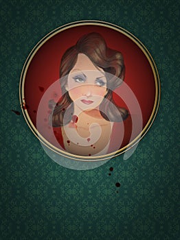 Girl in golden frame on background with ornamental motifs vintage style with blood splatters