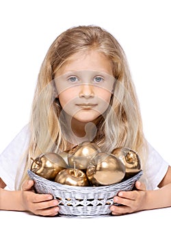 Girl with golden lips and silver basket with golden apples