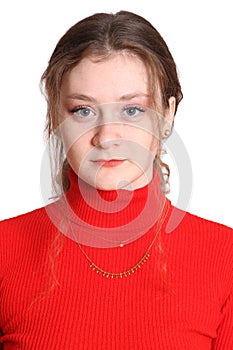 Girl with golden necklace and red top