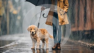 Girl and golden retriever puppy dog standing on footpath under an umbrella in