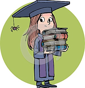 girl in a graduate student\'s uniform holds books