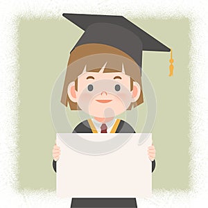 A girl in graduation gown holding the blank sign illustration vector banner on white background. Education concept