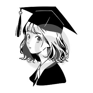 Girl in graduation hat. Female student. Black silhouette. Vector illustration on white isolated background. Cartoon anime style.