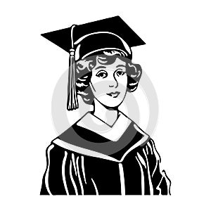 Girl in graduation hat. Female student. Black silhouette. Vector illustration on white isolated background. Cartoon style. Good