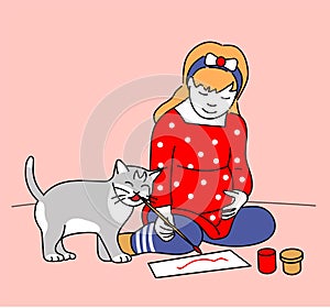 Girl with gray cat sitting on floor and painting pink background