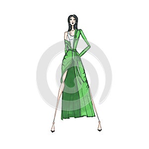 Girl in a green coat. Fashion illustration. Model