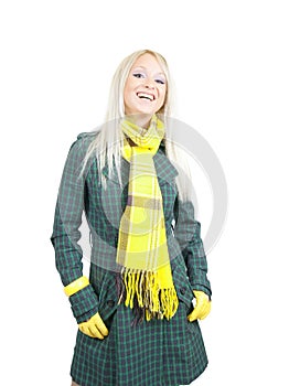 Girl in green coat on white background