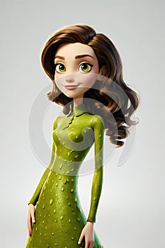 A girl in a green dress with a toy doll on white background