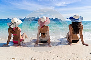 Girl Group On Beach Summer Vacation, Young Woman Back Rear View Sit On Sand