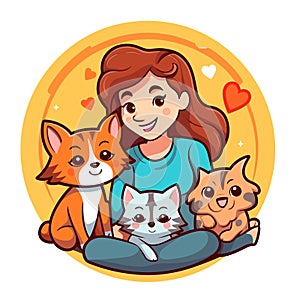 A girl with a group of small dogs and cats. Pet sitting. Dog Walking Service. Cartoon vector illustration