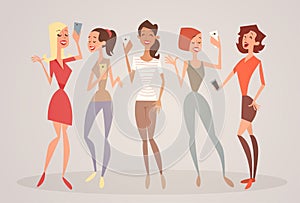 Girl Group Taking Selfie Photo On Cell Smart Phone Young Cartoon Woman Smiling