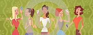 Girl Group Taking Selfie Photo On Cell Smart Phone Young Cartoon Woman Smiling
